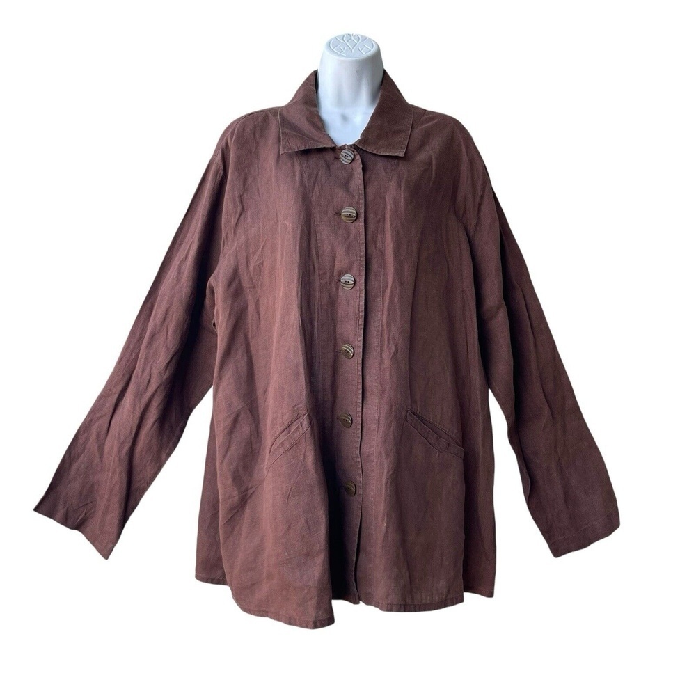FLAX Linen Tunic Top Shirt Brown Button Front Long Sleeve Blouse Women’s Size M